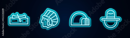 Set line Kayak or canoe, Native American Indian, Igloo ice house and Canadian ranger hat. Glowing neon icon. Vector
