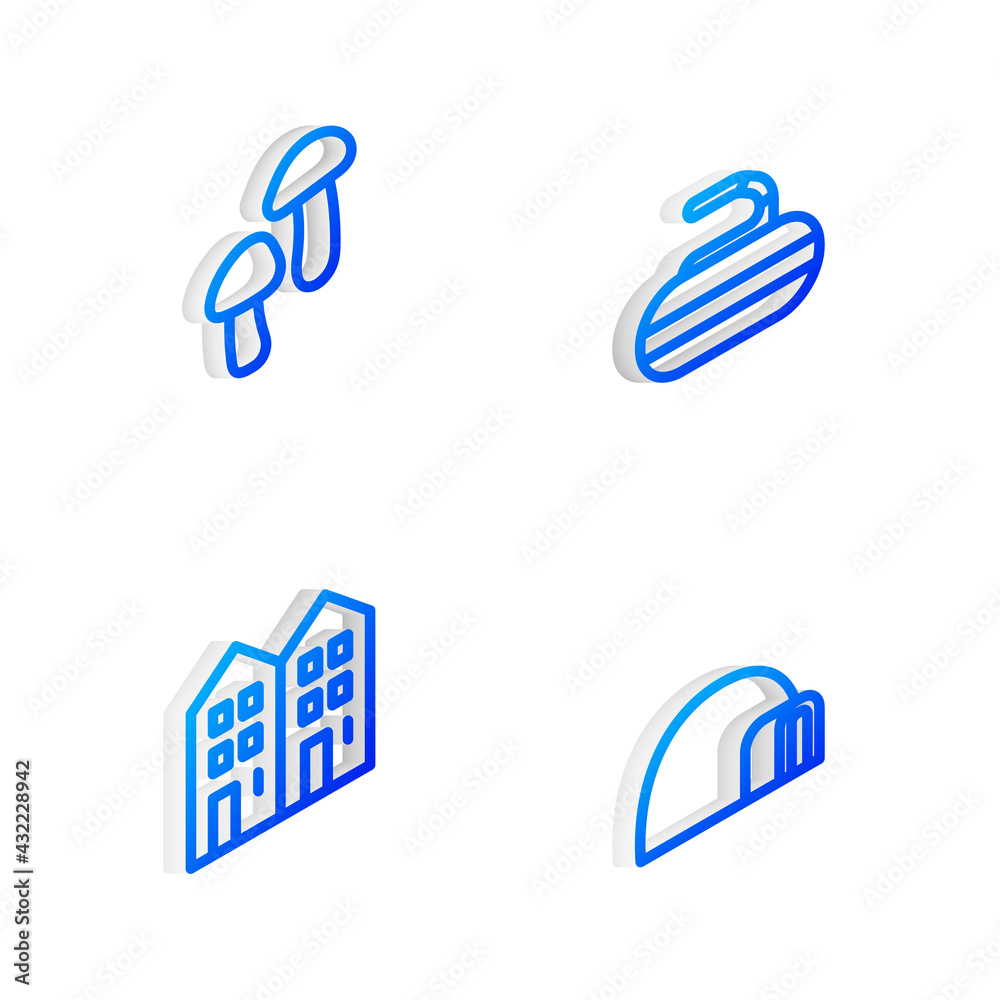 Set Isometric line Stone for curling, Mushroom, House and Igloo ice house icon. Vector Set Isometric line Stone for curling, Mushroom, House and Igloo ice house icon. Vector