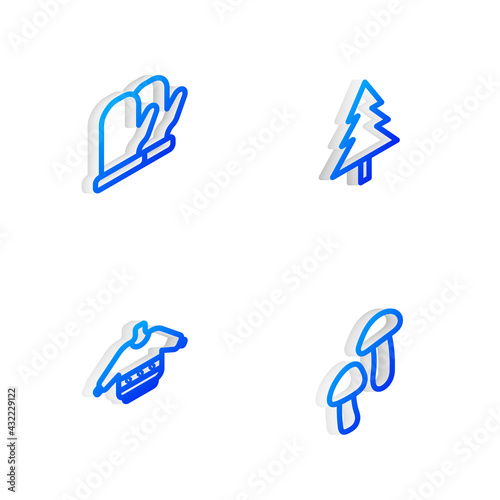 Set Isometric line Christmas tree, mitten, sweater and Mushroom icon. Vector