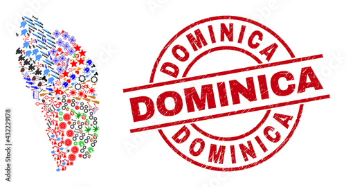 Dominica Island map collage and distress Dominica red circle stamp. Dominica badge uses vector lines and arcs. Dominica Island map collage contains helmets, houses, wrenches, suns, stars,