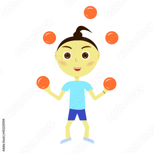 japanese boy in a blue t-shirt and shorts with a ponytail and big brown eyes juggles with orange balls. isolated on a white background
