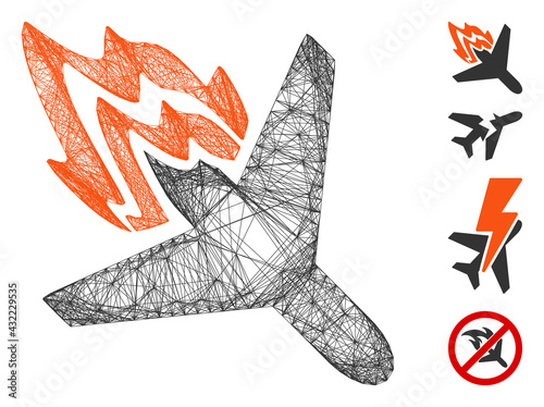 Vector wire frame air crash. Geometric wire frame flat net made from air crash icon, designed from crossed lines. Some additional icons are added.