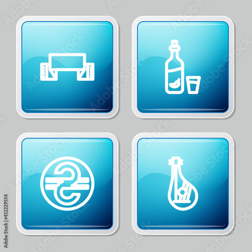 Set line Embroidered towel, Vodka with pepper and glass, Ukrainian hryvnia and Bandura icon. Vector