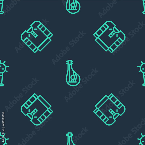 Set line Bandura, Embroidered shirt and Mace on seamless pattern. Vector