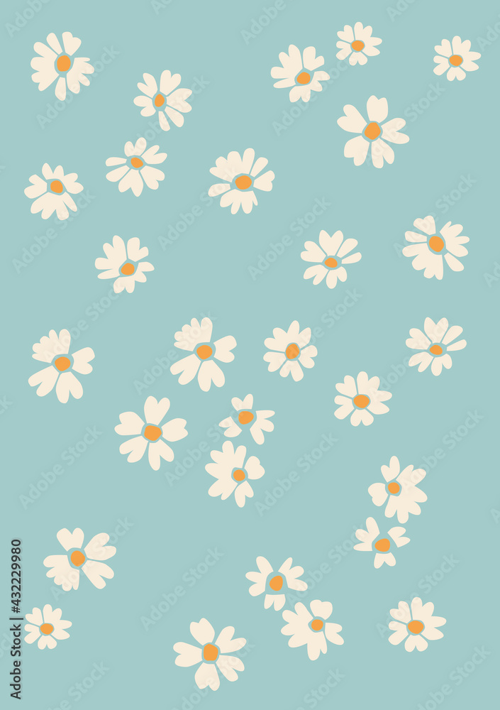 White daisies on a blue isolated background. Summer mood illustration. White daisies on a blue isolated background. Summer mood illustration.