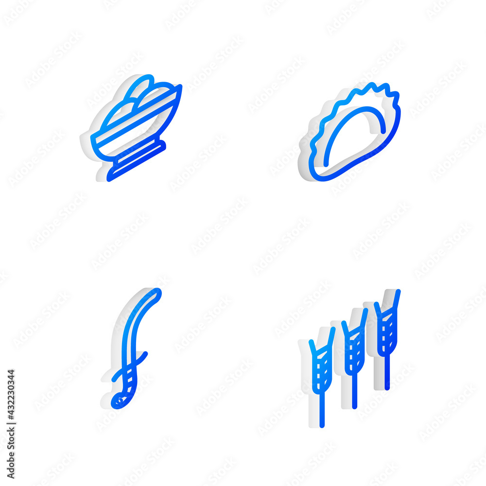 Obraz premium Set Isometric line Dumplings, Varenyky a bowl, Medieval sword and Wheat icon. Vector