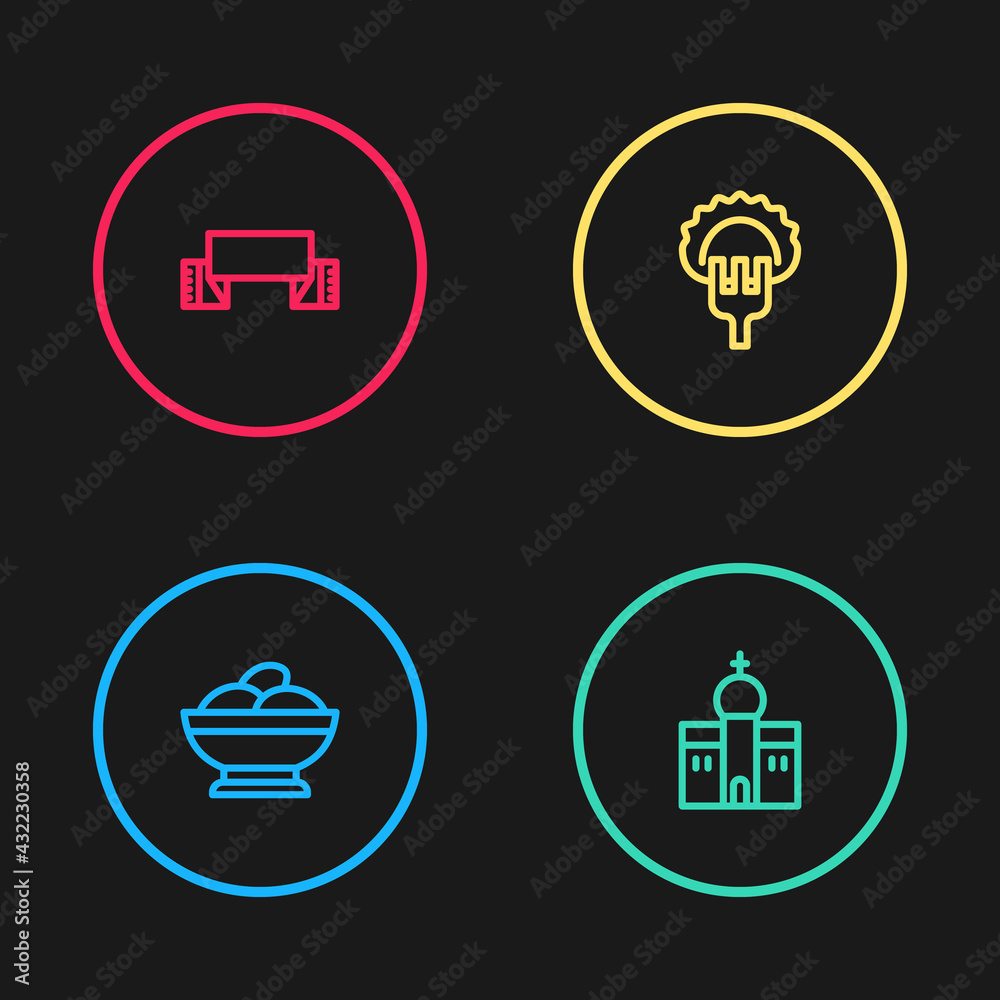 Set line Varenyky in a bowl, Church building, Dumplings on fork and Embroidered towel icon. Vector Set line Varenyky in a bowl, Church building, Dumplings on fork and Embroidered towel icon. Vector