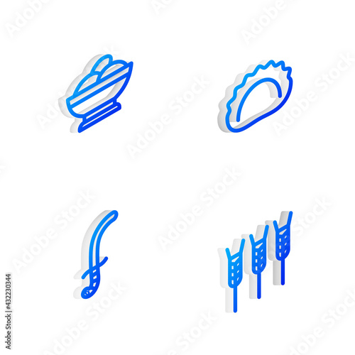 Set Isometric line Dumplings, Varenyky a bowl, Medieval sword and Wheat icon. Vector