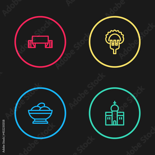 Set line Varenyky in a bowl, Church building, Dumplings on fork and Embroidered towel icon. Vector