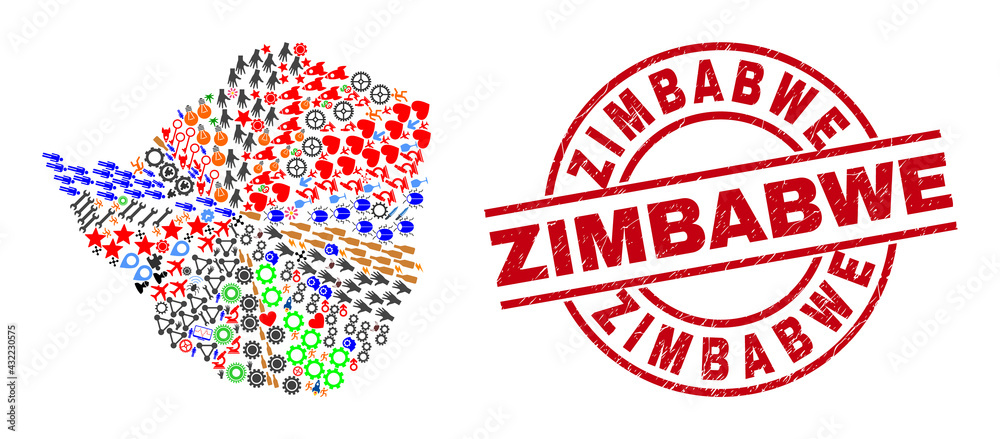 Zimbabwe map mosaic and distress Zimbabwe red circle stamp imitation. Zimbabwe stamp uses vector lines and arcs. Zimbabwe map mosaic contains gears, houses, screwdrivers, bugs, wine glasses, Zimbabwe map mosaic and distress Zimbabwe red circle stamp imitation. Zimbabwe stamp uses vector lines and arcs. Zimbabwe map mosaic contains gears, houses, screwdrivers, bugs, wine glasses,