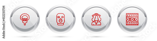Set line Dumplings on fork, Thief mask, Ukrainian woman and ethnic pattern. Silver circle button. Vector