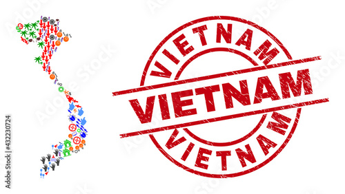 Vietnam map collage and distress Vietnam red circle watermark. Vietnam stamp uses vector lines and arcs. Vietnam map collage contains markers, houses, wrenches, bugs, wine glasses,