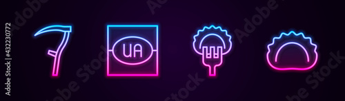 Set line Scythe, Flag of Ukraine, Dumplings on fork and . Glowing neon icon. Vector