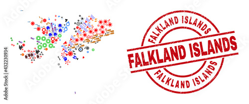 Falkland Islands map collage and scratched Falkland Islands red circle stamp. Falkland Islands stamp uses vector lines and arcs. Falkland Islands map collage contains helmets, houses, lamps, suns,