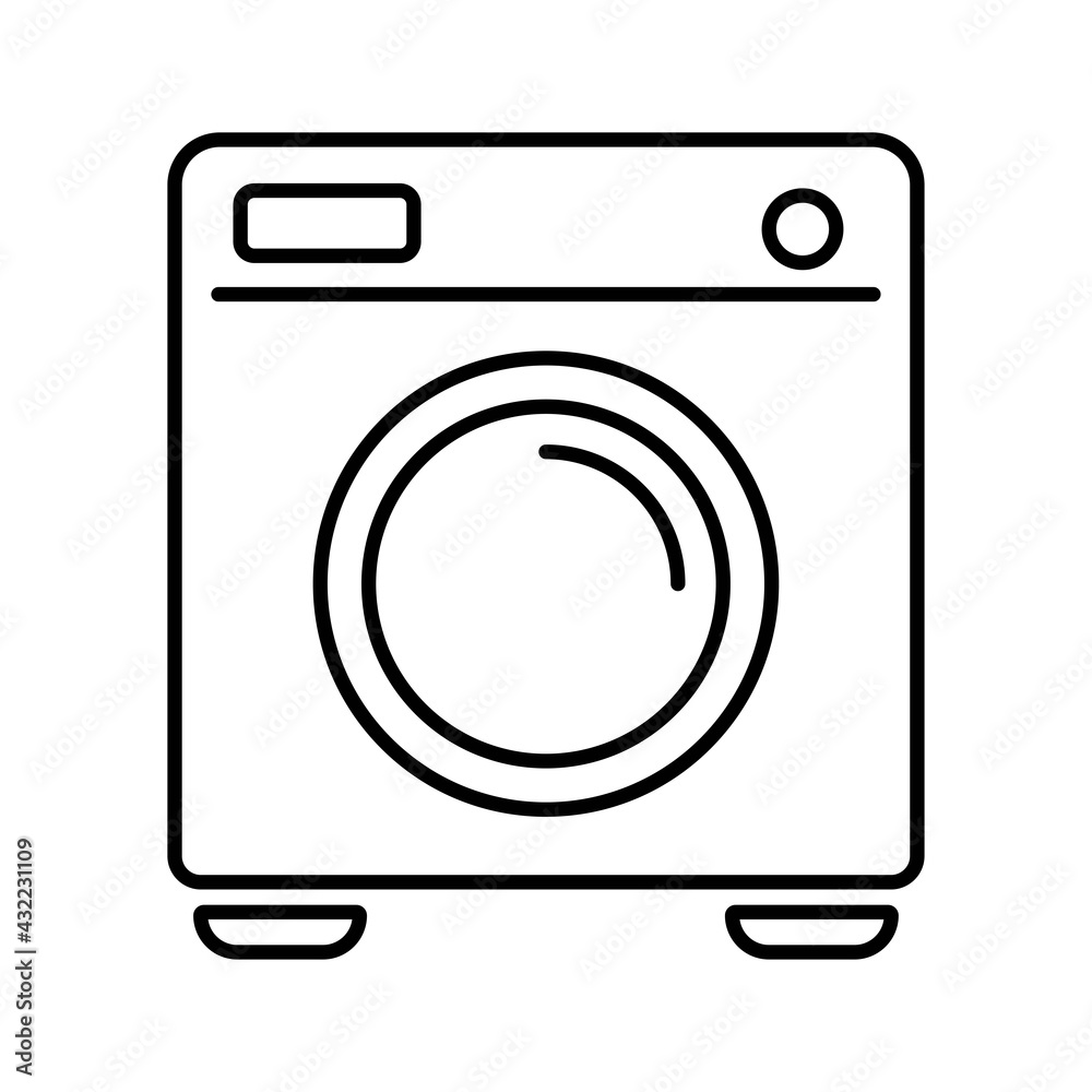 Doodle style icon, washing machine isolated in black on white background. Vector illustration.