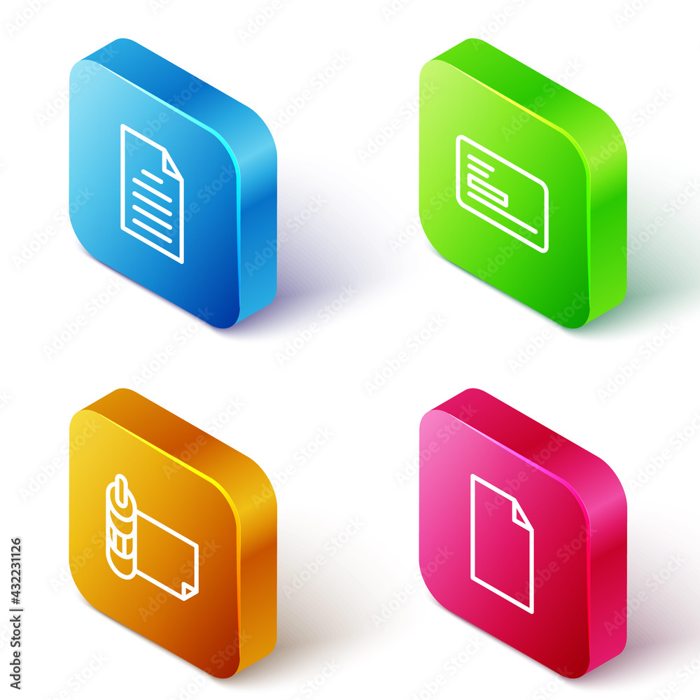 Set Isometric line File document, Business card, Roll of paper and Empty icon. Vector