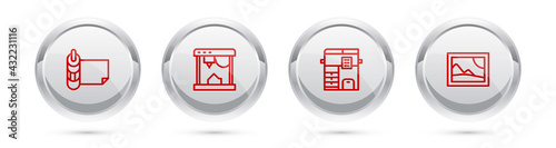 Set line Roll of paper, 3D printer, Copy machine and Picture landscape. Silver circle button. Vector