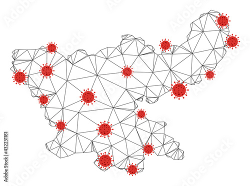 Polygonal mesh Jharkhand State map with coronavirus centers. Abstract network connected lines and covid viruses form Jharkhand State map.