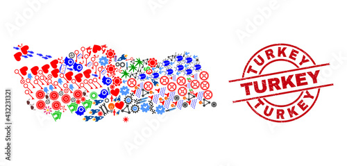 Turkey map collage and grunge Turkey red circle stamp seal. Turkey stamp uses vector lines and arcs. Turkey map collage contains gears, houses, wrenches, suns, men, and more icons.