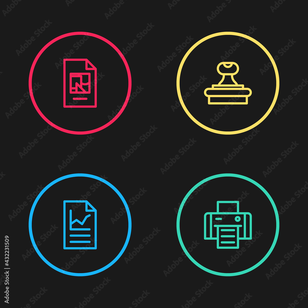 Set line Document with graph chart, Printer, Stamp and File document icon. Vector Set line Document with graph chart, Printer, Stamp and File document icon. Vector