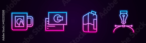 Set line Coffee cup, Business card, Printer ink bottle and Fountain pen nib. Glowing neon icon. Vector