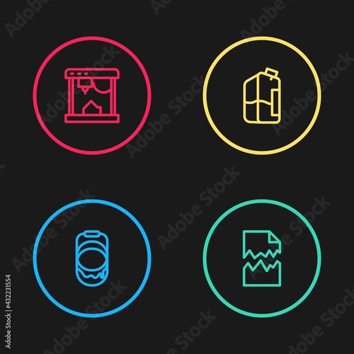 Set line Paint bucket, Torn document, Printer ink bottle and 3D printer icon. Vector