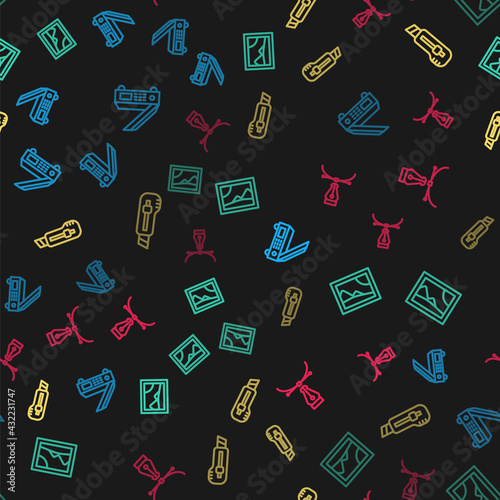 Set line Scanner, Picture landscape, Stationery knife and Fountain pen nib on seamless pattern. Vector