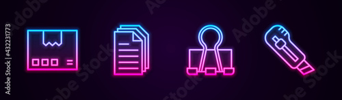 Set line Carton cardboard box, File document, Binder clip and Stationery knife. Glowing neon icon. Vector