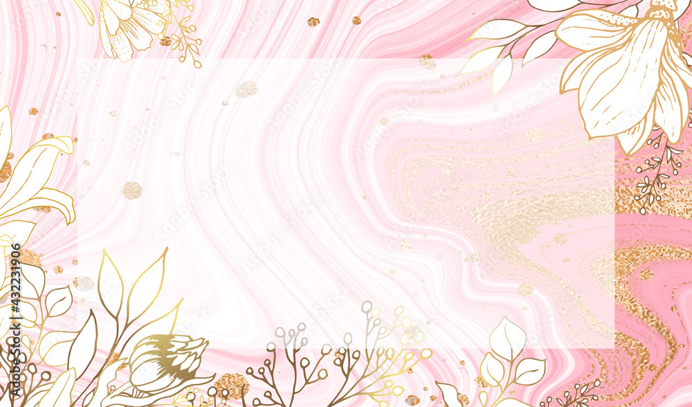 Plants line gold. Luxurious golden nature. Pink marble. Flowers in a thin line. Light pastel colors. Vector abstract background.