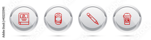 Set line Photo album gallery, Paint bucket, Pencil with eraser and Coffee cup go. Silver circle button. Vector