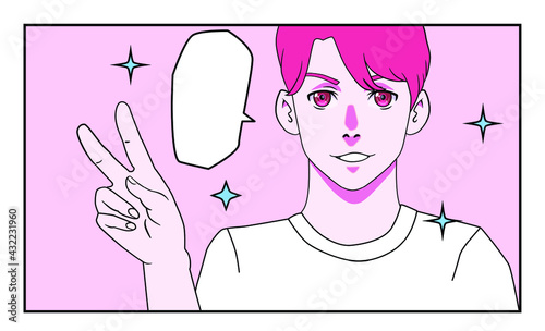 Cartoon anime style illustration of k-pop idol or popular guy. Comic book page with male personage.