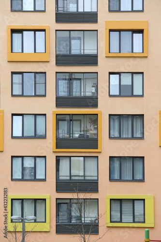 Photography New building facade, house in housing complex Microcity In the forest, Krasnogorsk city, Otradnoye, Moscow region, Russia