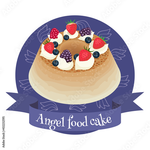 Angel food cake traditional American dessert. Colorful illustration in cartoon style.