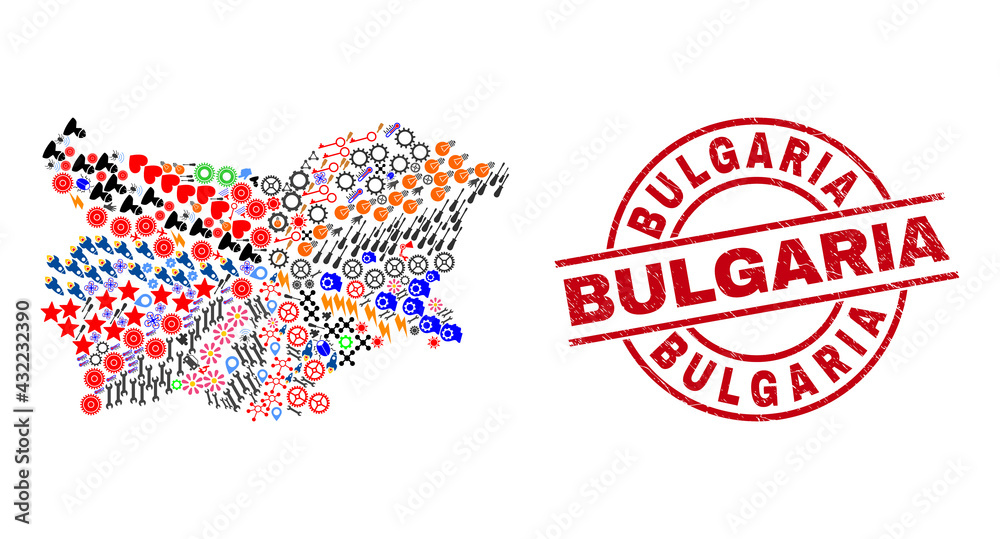Bulgaria map collage and unclean Bulgaria red round stamp imitation. Bulgaria stamp uses vector lines and arcs. Bulgaria map collage contains markers, houses, lamps, bugs, people, and more pictograms.