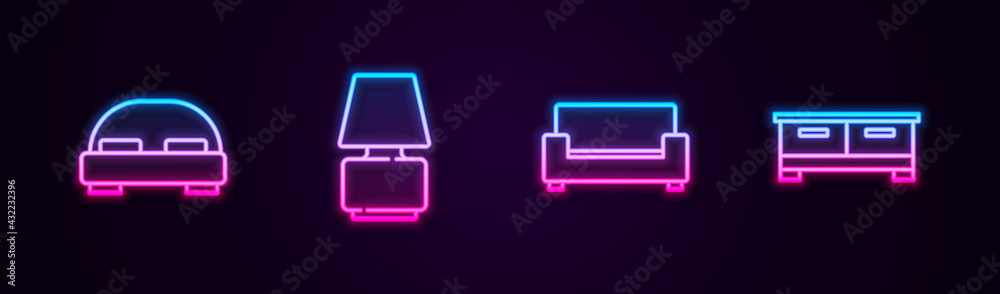 Set line Big bed, Table lamp, Sofa and Chest drawers. Glowing neon icon. Vector Set line Big bed, Table lamp, Sofa and Chest drawers. Glowing neon icon. Vector