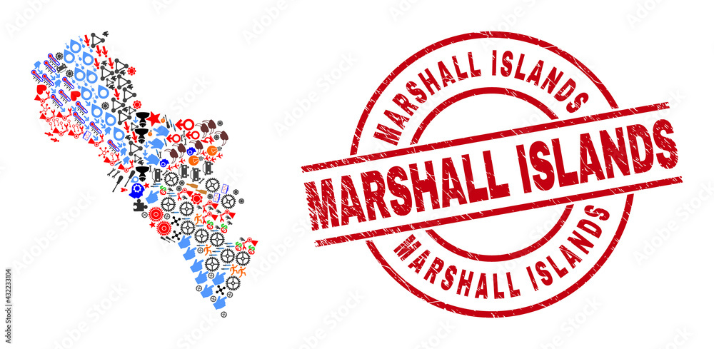 Andros Island of Greece map mosaic and unclean Marshall Islands red round stamp print. Marshall Islands stamp uses vector lines and arcs. Andros Island of Greece map mosaic includes gears, houses, Andros Island of Greece map mosaic and unclean Marshall Islands red round stamp print. Marshall Islands stamp uses vector lines and arcs. Andros Island of Greece map mosaic includes gears, houses,