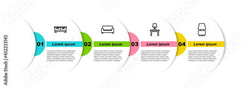 Set line Chest of drawers, Sofa, Table lamp on table and . Business infographic template. Vector