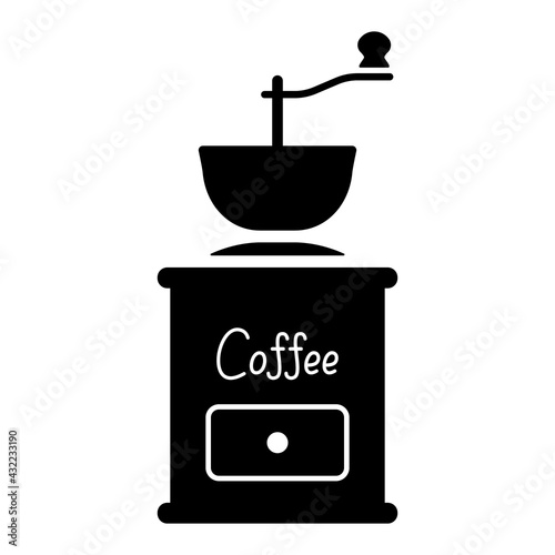 Vintage coffee grinder icon. Black retro manual machine grinding aromatic beans with metal body for espresso and vector arabica mocha.