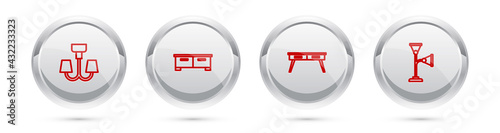 Set line Chandelier, Chest of drawers, Office desk and Floor lamp. Silver circle button. Vector