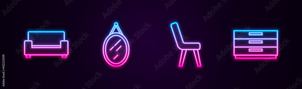 Set line Sofa, Mirror, Armchair and Chest drawers. Glowing neon icon. Vector Set line Sofa, Mirror, Armchair and Chest drawers. Glowing neon icon. Vector