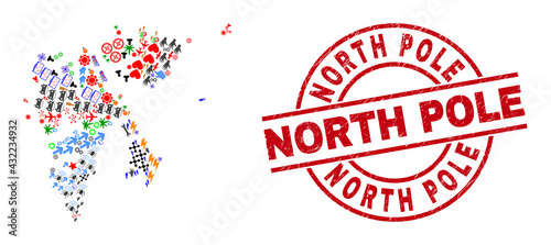 Svalbard Islands map collage and distress North Pole red round stamp seal. North Pole stamp uses vector lines and arcs. Svalbard Islands map collage contains markers, homes, wrenches, bugs, people,