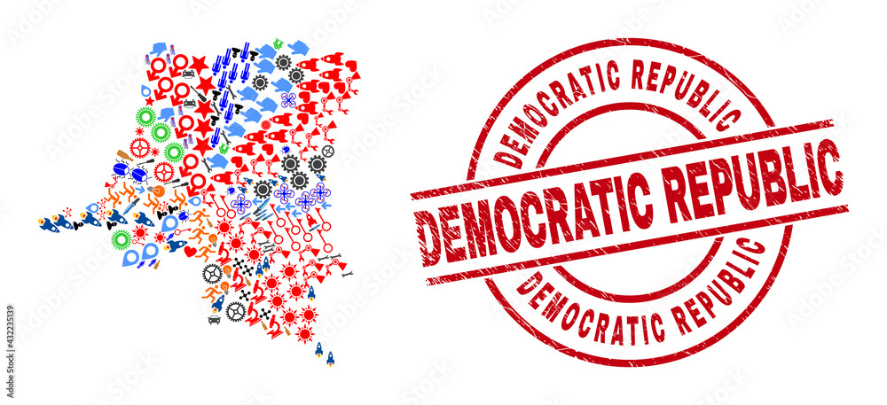 Democratic Republic of the Congo map collage and distress Democratic Republic red round stamp seal. Democratic Republic stamp uses vector lines and arcs. Democratic Republic of the Congo map collage and distress Democratic Republic red round stamp seal. Democratic Republic stamp uses vector lines and arcs.