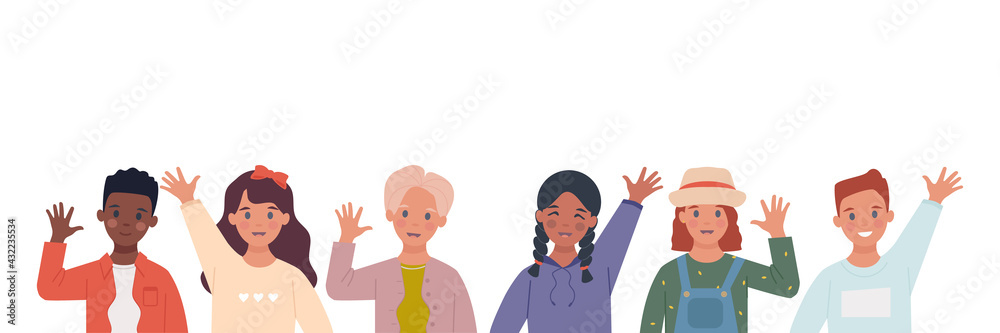 Set with multiethnic children raising their hands in greeting. Children's Day. Illustration in a flat style Set with multiethnic children raising their hands in greeting. Children's Day. Illustration in a flat style