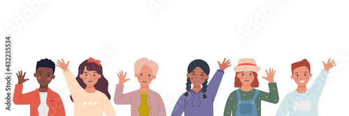 Set with multiethnic children raising their hands in greeting. Children's Day. Illustration in a flat style
