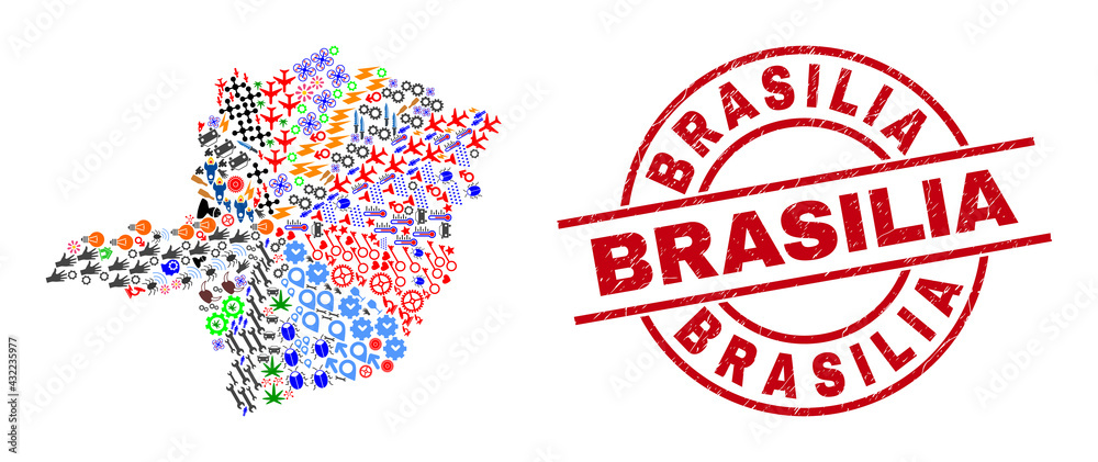 Minas Gerais State map collage and Brasilia red round stamp print. Brasilia stamp uses vector lines and arcs. Minas Gerais State map collage includes gears, houses, screwdrivers, suns, hands, Minas Gerais State map collage and Brasilia red round stamp print. Brasilia stamp uses vector lines and arcs. Minas Gerais State map collage includes gears, houses, screwdrivers, suns, hands,