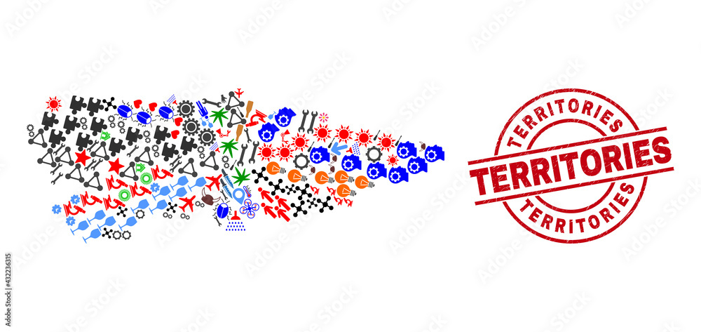 Obraz premium Asturias Province map collage and distress Territories red circle stamp imitation. Territories stamp uses vector lines and arcs. Asturias Province map collage contains gears, houses, wrenches, suns,