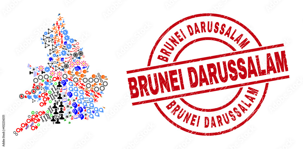 England map mosaic and distress Brunei Darussalam red circle stamp imitation. Brunei Darussalam stamp uses vector lines and arcs. England map mosaic includes markers, homes, screwdrivers, suns, England map mosaic and distress Brunei Darussalam red circle stamp imitation. Brunei Darussalam stamp uses vector lines and arcs. England map mosaic includes markers, homes, screwdrivers, suns,