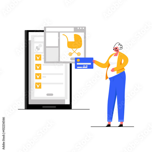 A Pregnant Woman in the last trimester makes Purchases Online on the Internet by Phone through App. She Buys stroller and things for newborns with card in children Store. Vector flat illustration.