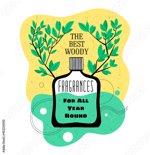 A bottle of cologne with perfume for men with woody smell. Kraft background with tree and branch elements. There is blank space for text or brand name. Vector illustration. For banner, logo, poster.