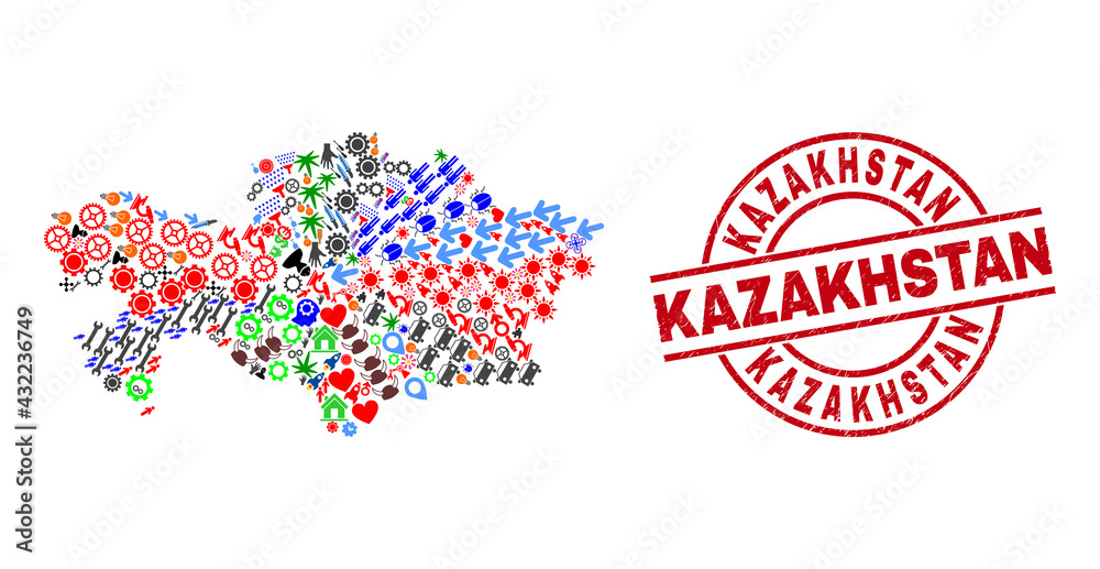 Kazakhstan map collage and grunge Kazakhstan red circle stamp seal. Kazakhstan badge uses vector lines and arcs. Kazakhstan map collage contains helmets, homes, showers, bugs, hands, and more symbols.